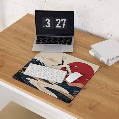 Zen Crane Landscape Pad - Landscape Mouse Pad Beige Red Sun Navy Mountains Ukiyoe Inspired Desk Serene Mood Japanese Art