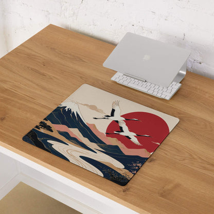 Zen Crane Landscape Pad - Landscape Mouse Pad Beige Red Sun Navy Mountains Ukiyoe Inspired Desk Serene Mood Japanese Art