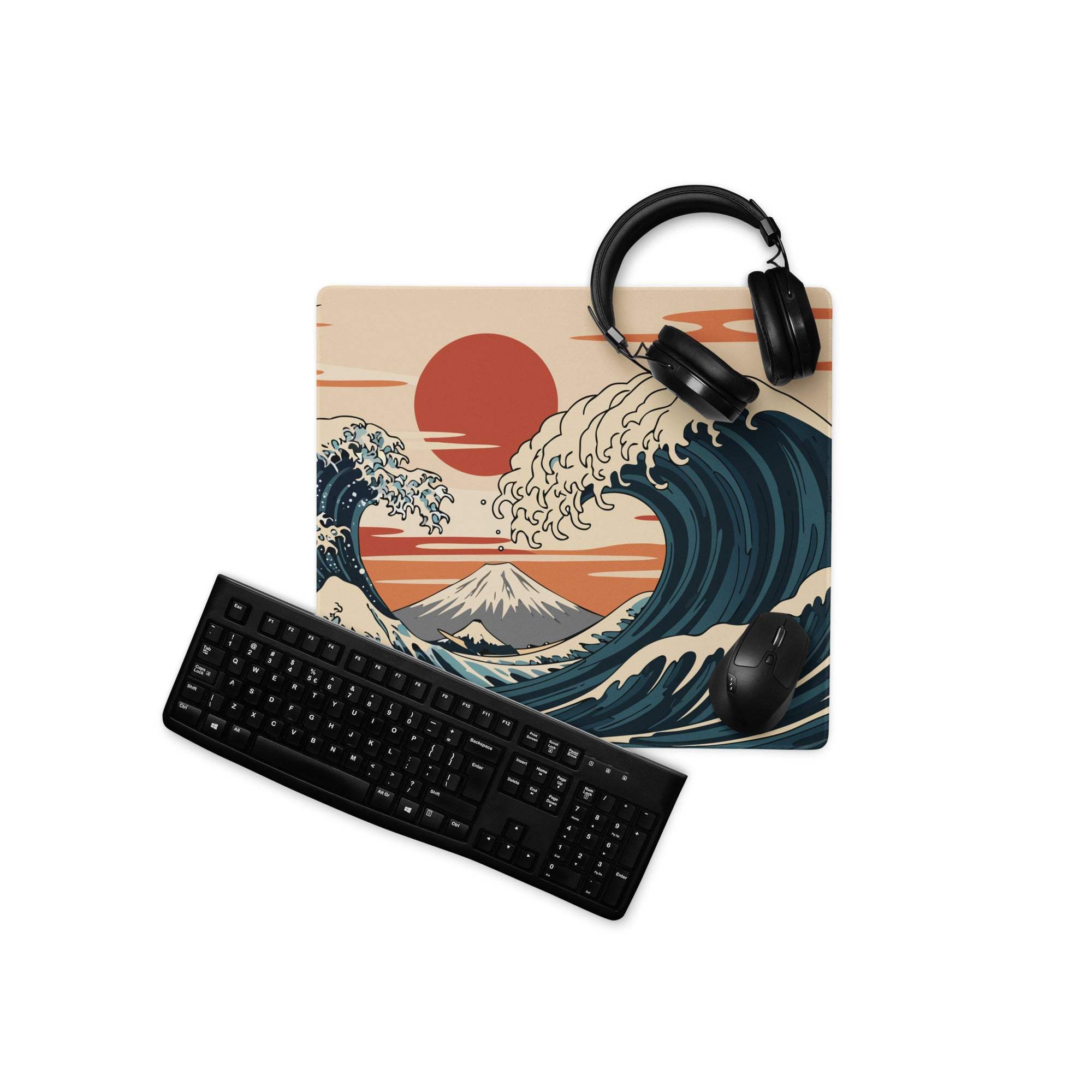 Kanagawa Wave Ukiyoe Mouse Pad - Mouse Pad Navy Beige Orange Gaming Ukiyoe Bold Japanese Desk Pad Woodblock Print