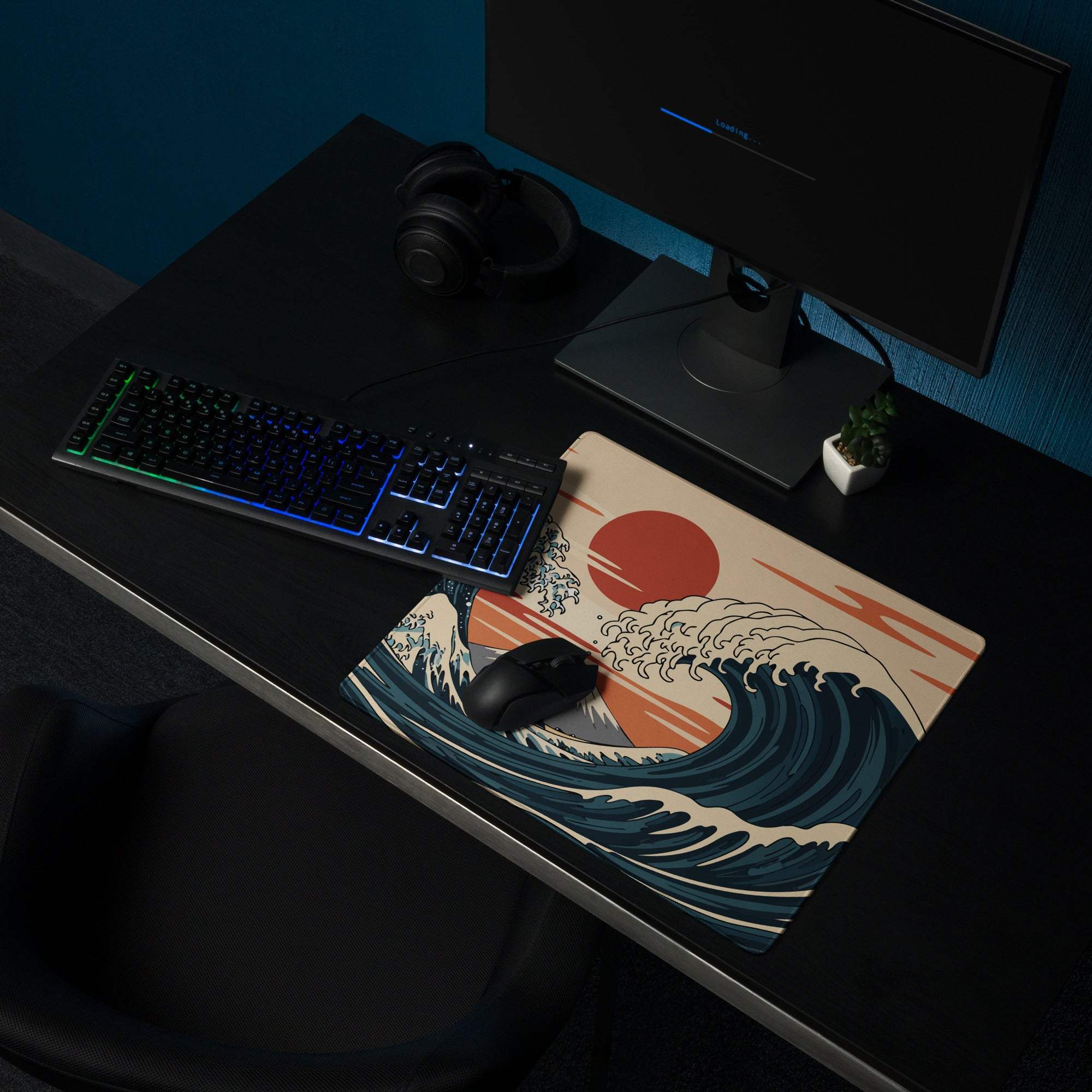 Kanagawa Wave Ukiyoe Mouse Pad - Mouse Pad Navy Beige Orange Gaming Ukiyoe Bold Japanese Desk Pad Woodblock Print