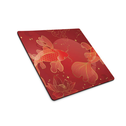 Red Gold Koi Desk Mat - Koi Fish Red Gold Gaming Desk Mat Asian Art - Festive Lux Oriental Non Slip Edge Stitch Line Art