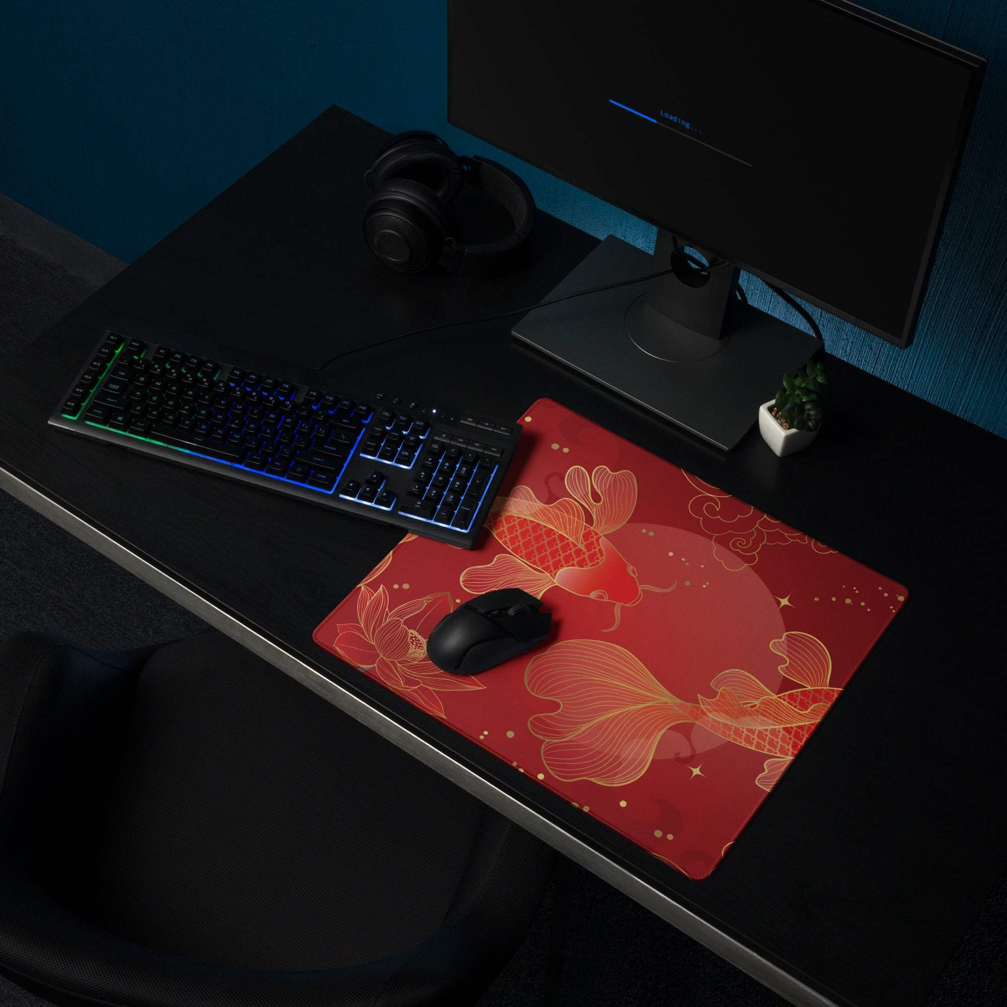Red Gold Koi Desk Mat - Koi Fish Red Gold Gaming Desk Mat Asian Art - Festive Lux Oriental Non Slip Edge Stitch Line Art