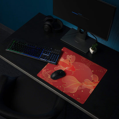 Red Gold Koi Desk Mat - Koi Fish Red Gold Gaming Desk Mat Asian Art - Festive Lux Oriental Non Slip Edge Stitch Line Art