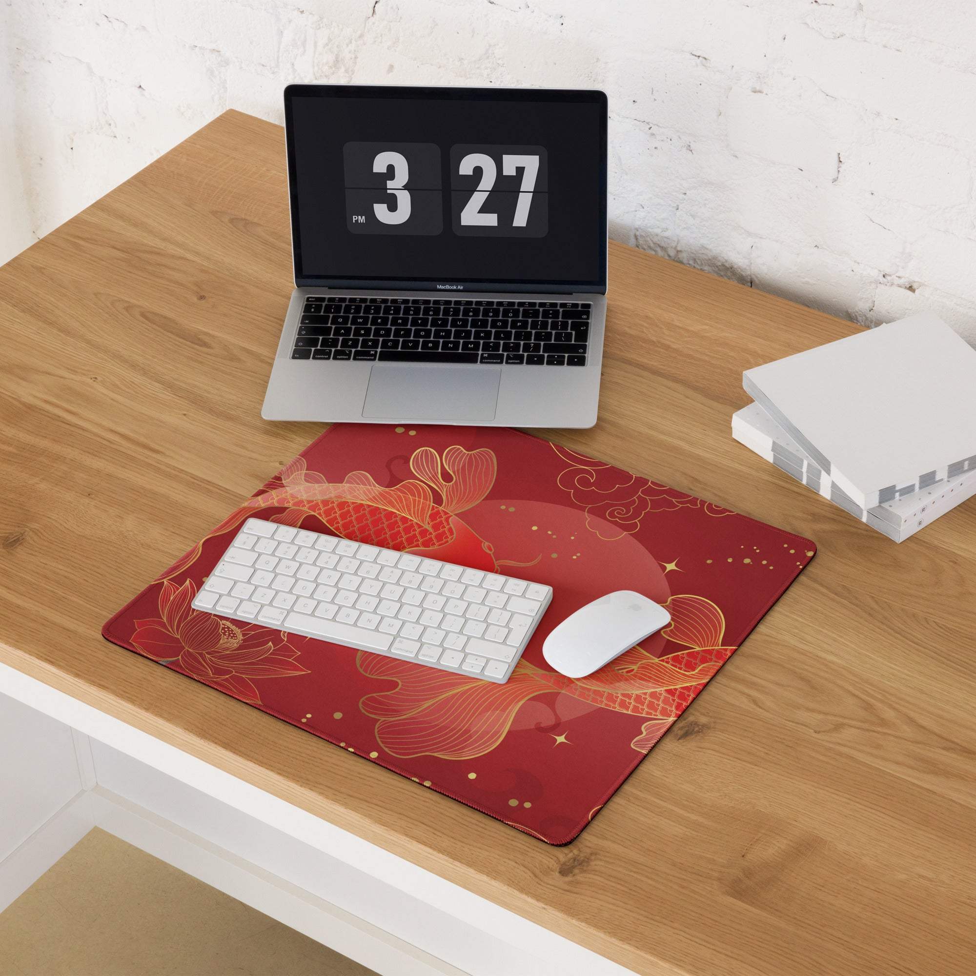 Red Gold Koi Desk Mat - Koi Fish Red Gold Gaming Desk Mat Asian Art - Festive Lux Oriental Non Slip Edge Stitch Line Art