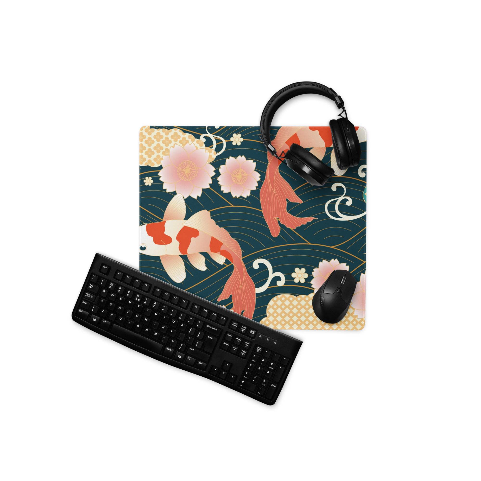 Koi Garden Ocean Mouse Pad - Koi Fish Pattern Navy Teal Gold Desk Gaming Ukiyoe Vibrant Oriental Koi Desk Mat Digital Print