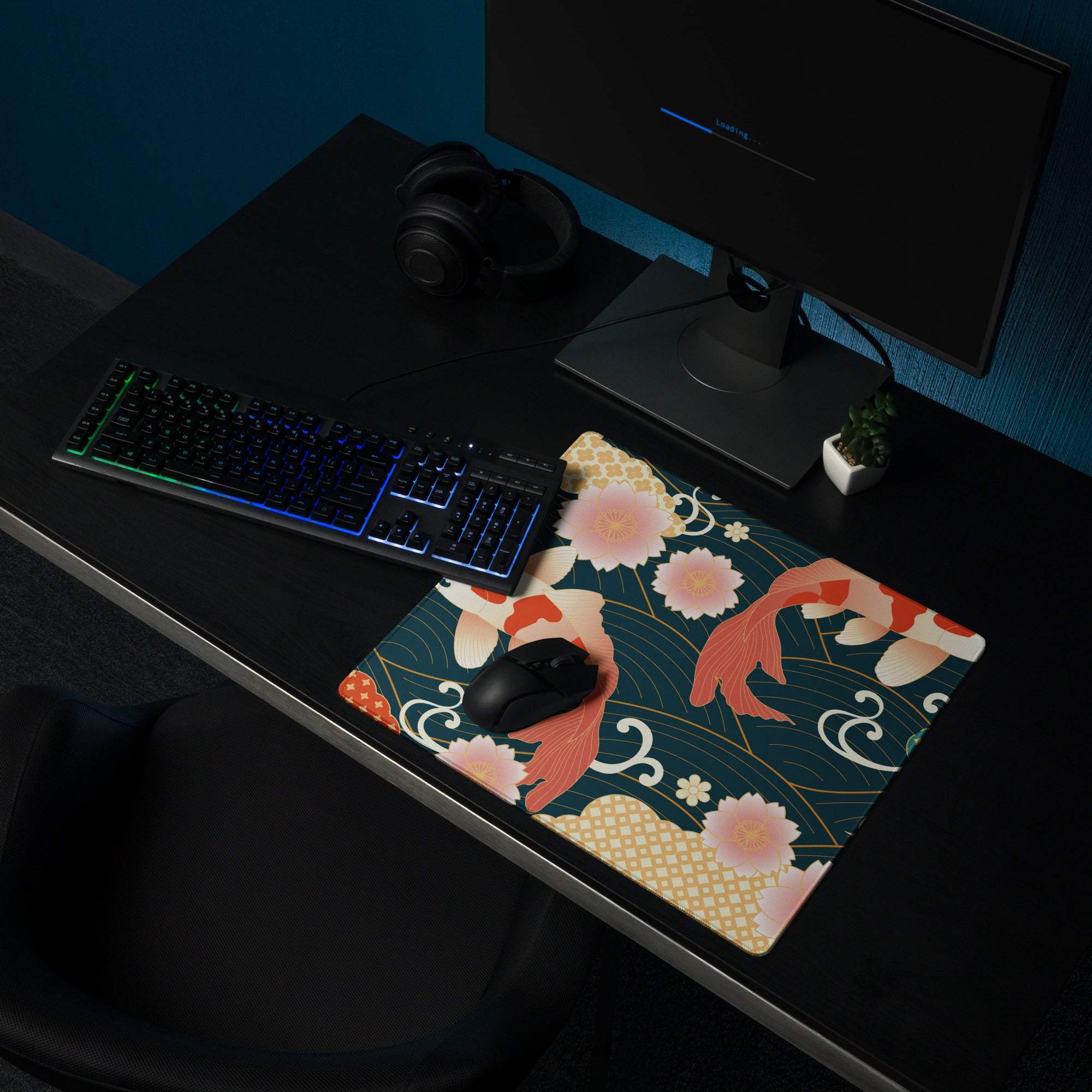 Koi Garden Ocean Mouse Pad - Koi Fish Pattern Navy Teal Gold Desk Gaming Ukiyoe Vibrant Oriental Koi Desk Mat Digital Print