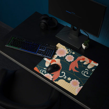 Koi Garden Ocean Mouse Pad - Koi Fish Pattern Navy Teal Gold Desk Gaming Ukiyoe Vibrant Oriental Koi Desk Mat Digital Print