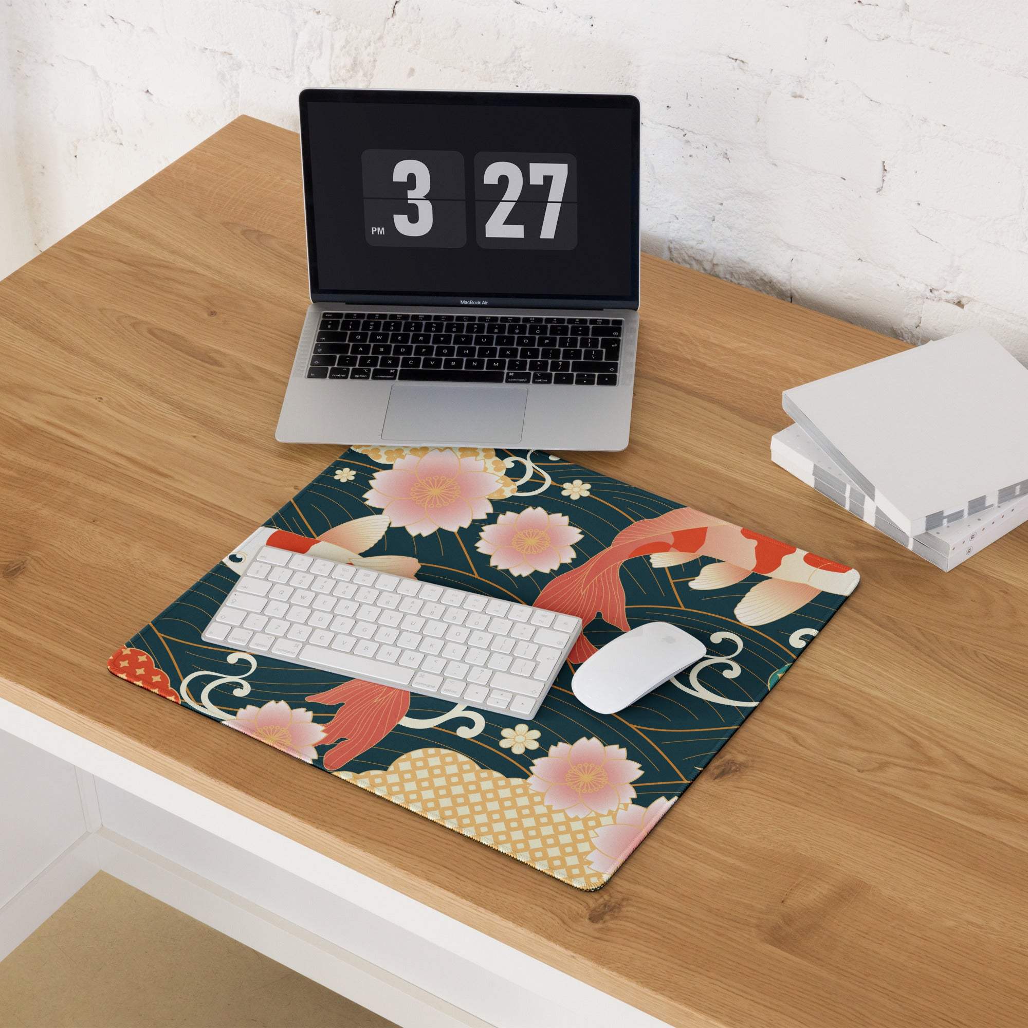 Koi Garden Ocean Mouse Pad - Koi Fish Pattern Navy Teal Gold Desk Gaming Ukiyoe Vibrant Oriental Koi Desk Mat Digital Print