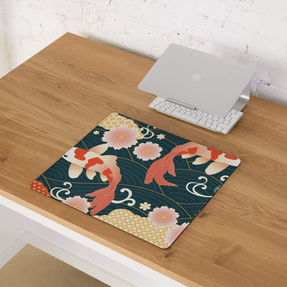 Koi Garden Ocean Mouse Pad - Koi Fish Pattern Navy Teal Gold Desk Gaming Ukiyoe Vibrant Oriental Koi Desk Mat Digital Print