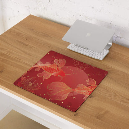 Crimson Koi Floral Gaming Pad - Koi Art Mouse Pad Red Gold Gaming Desk Luxurious Oriental Decor Gold Foil