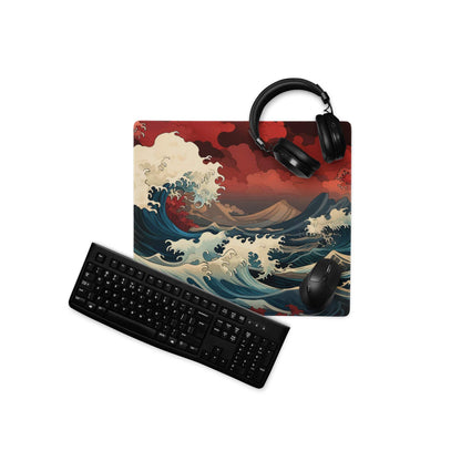 Ocean Wave Gaming Mouse Pad - Gaming Mouse Pad Red Navy Teal Desk Ukiyoe Dramatic Mood Modern Desk Decor Gaming Desk Mat