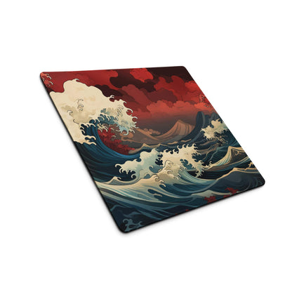 Ocean Wave Gaming Mouse Pad - Gaming Mouse Pad Red Navy Teal Desk Ukiyoe Dramatic Mood Modern Desk Decor Gaming Desk Mat