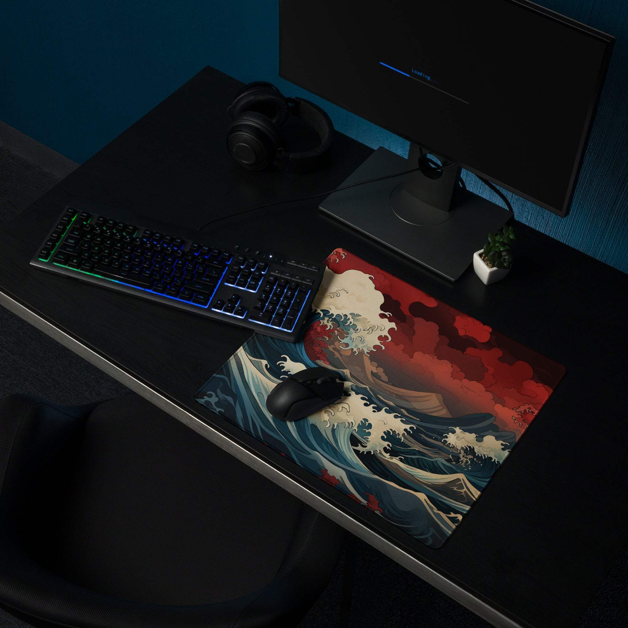 Ocean Wave Gaming Mouse Pad - Gaming Mouse Pad Red Navy Teal Desk Ukiyoe Dramatic Mood Modern Desk Decor Gaming Desk Mat