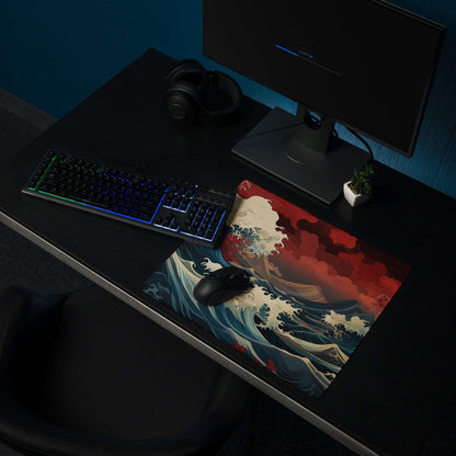 Ocean Wave Gaming Mouse Pad - Gaming Mouse Pad Red Navy Teal Desk Ukiyoe Dramatic Mood Modern Desk Decor Gaming Desk Mat