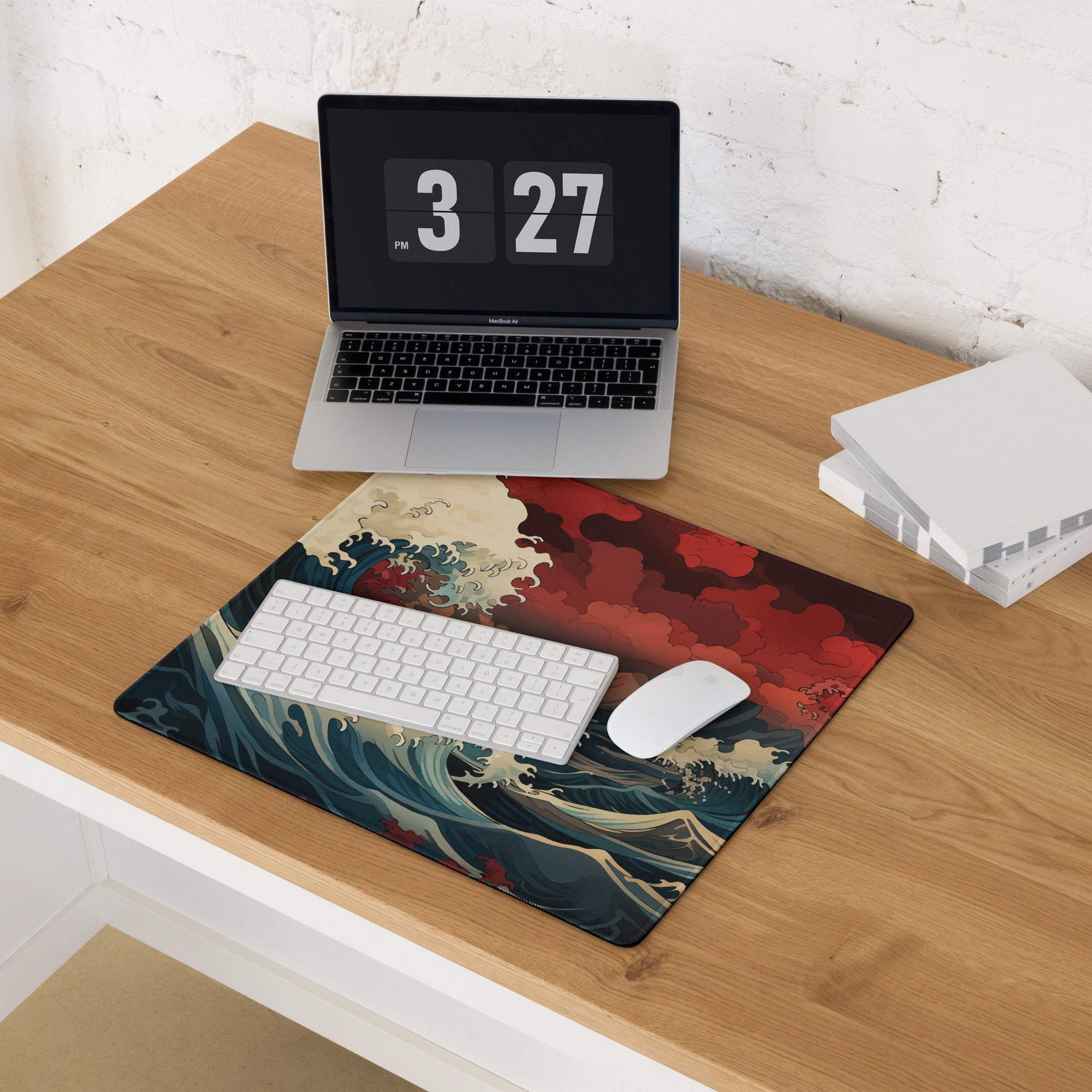 Ocean Wave Gaming Mouse Pad - Gaming Mouse Pad Red Navy Teal Desk Ukiyoe Dramatic Mood Modern Desk Decor Gaming Desk Mat