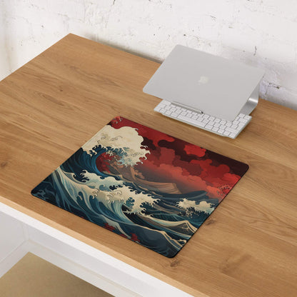 Ocean Wave Gaming Mouse Pad - Gaming Mouse Pad Red Navy Teal Desk Ukiyoe Dramatic Mood Modern Desk Decor Gaming Desk Mat