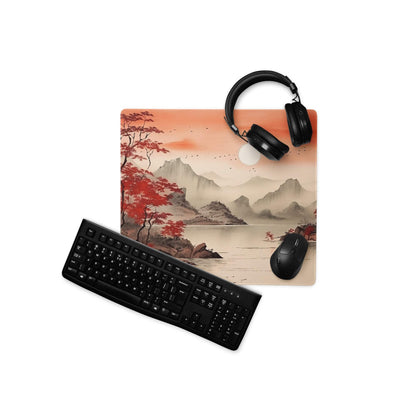 Crimson Autumn Landscape Desk Pad - Landscape Desk Pad Crimson Orange Ink Wash Calm Mood Zen Decor Asian Landscape Art