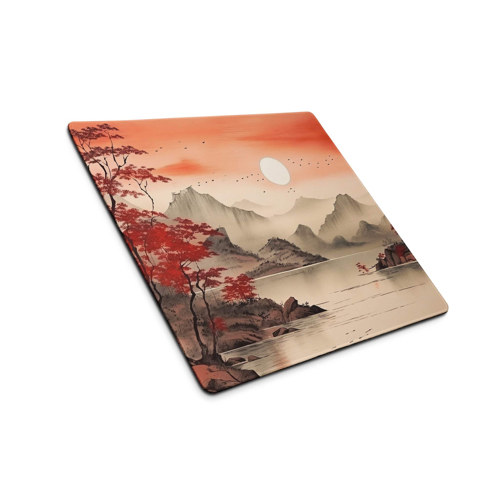 Crimson Autumn Landscape Desk Pad - Landscape Desk Pad Crimson Orange Ink Wash Calm Mood Zen Decor Asian Landscape Art