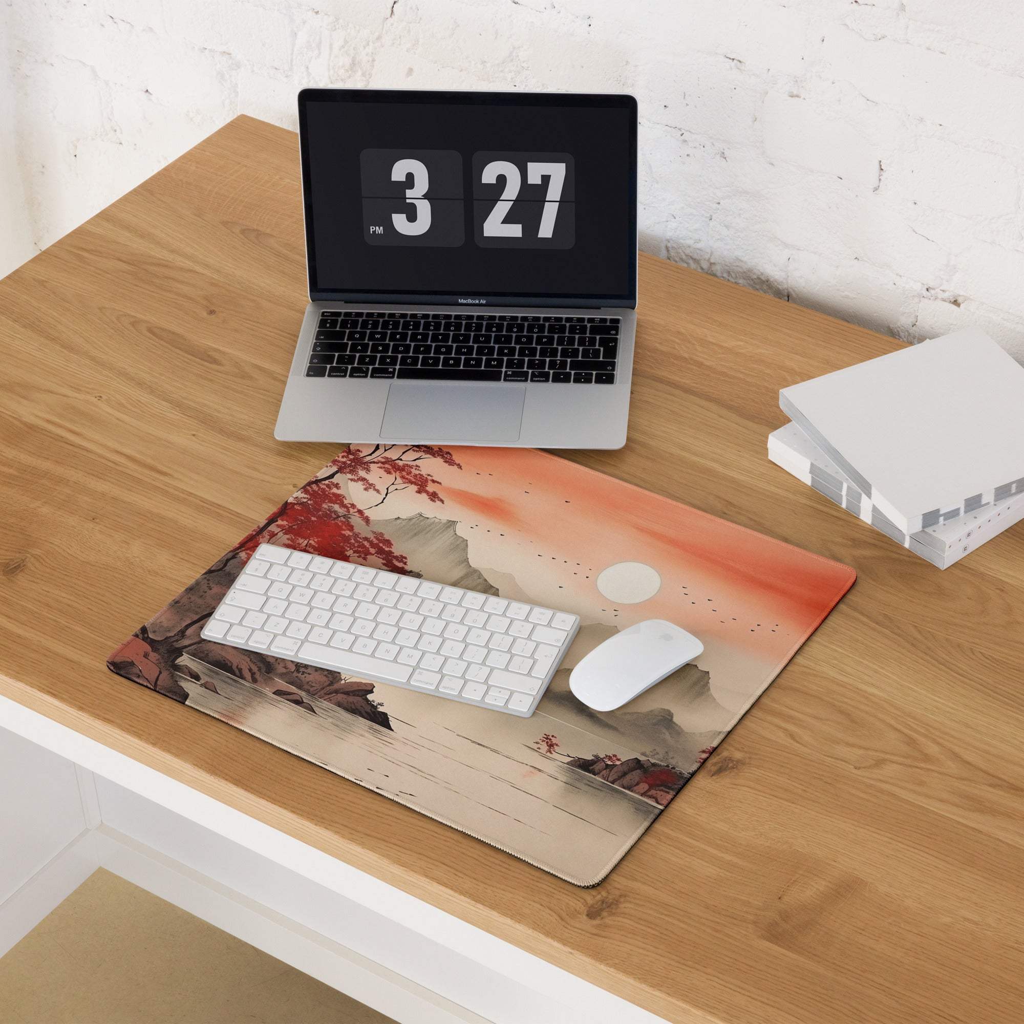Crimson Autumn Landscape Desk Pad - Landscape Desk Pad Crimson Orange Ink Wash Calm Mood Zen Decor Asian Landscape Art