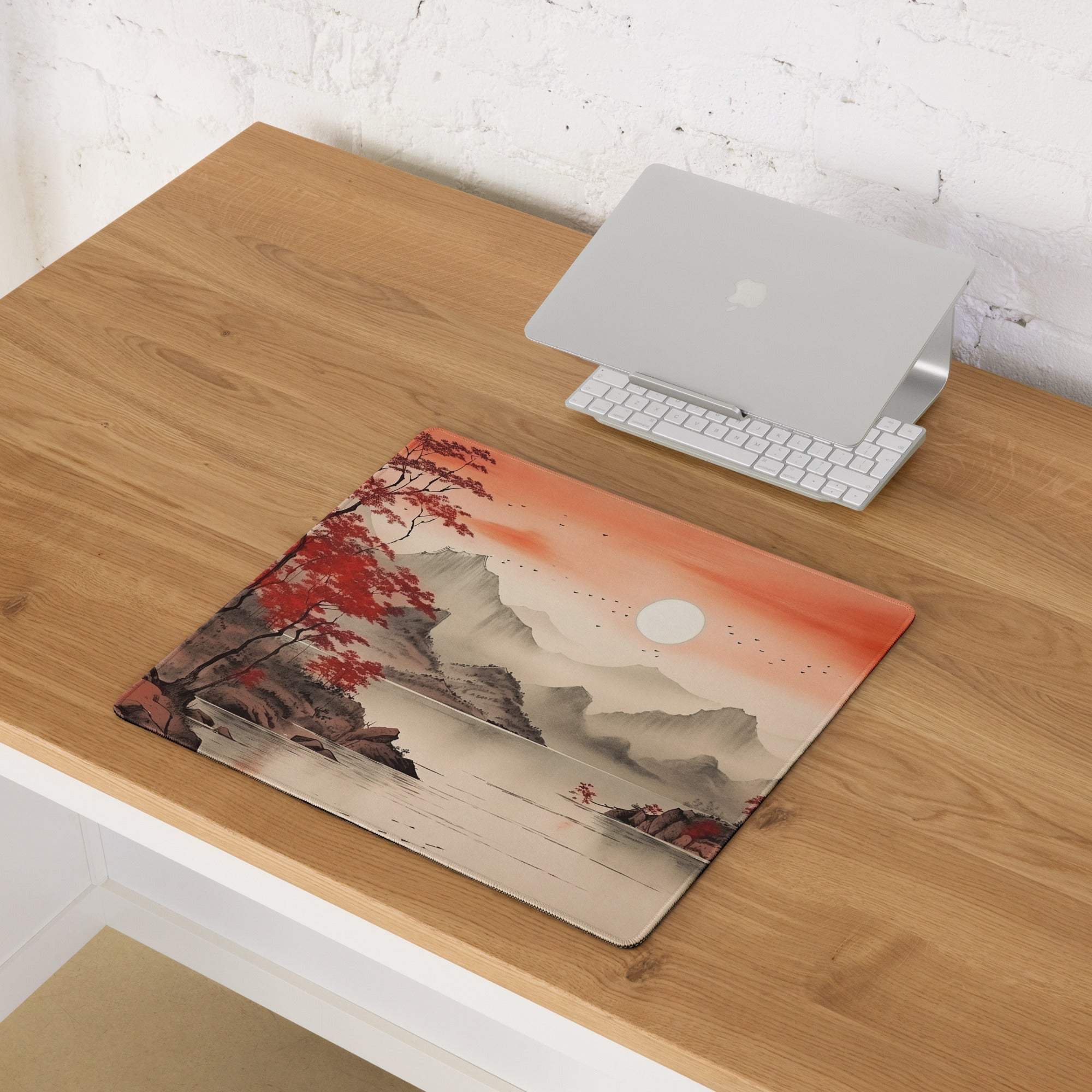 Crimson Autumn Landscape Desk Pad - Landscape Desk Pad Crimson Orange Ink Wash Calm Mood Zen Decor Asian Landscape Art