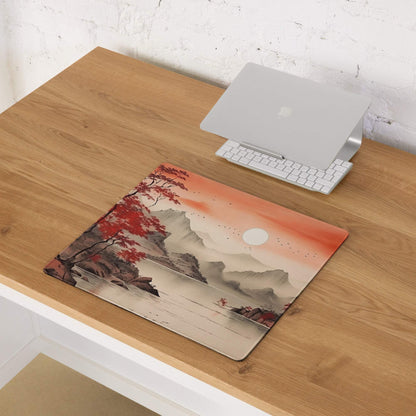 Crimson Autumn Landscape Desk Pad - Landscape Desk Pad Crimson Orange Ink Wash Calm Mood Zen Decor Asian Landscape Art