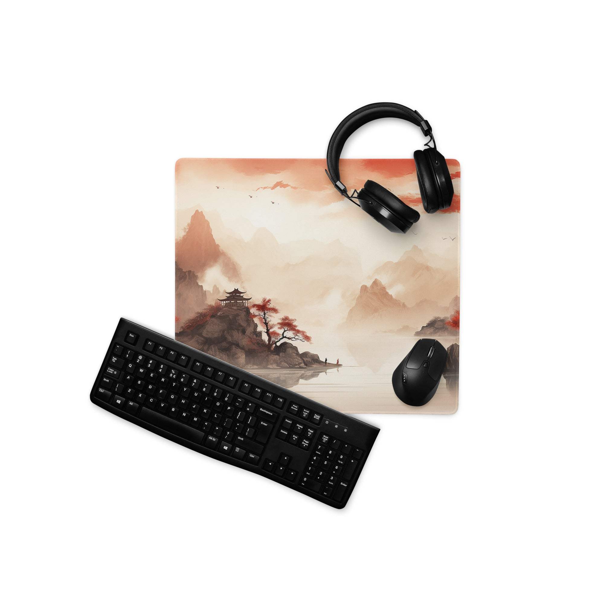 Autumn Mountain Landscape Mouse Pad - Autumn Mountain Landscape Orange Red Gaming Desk Ink Warm Mood Zen Desk Mat Digital