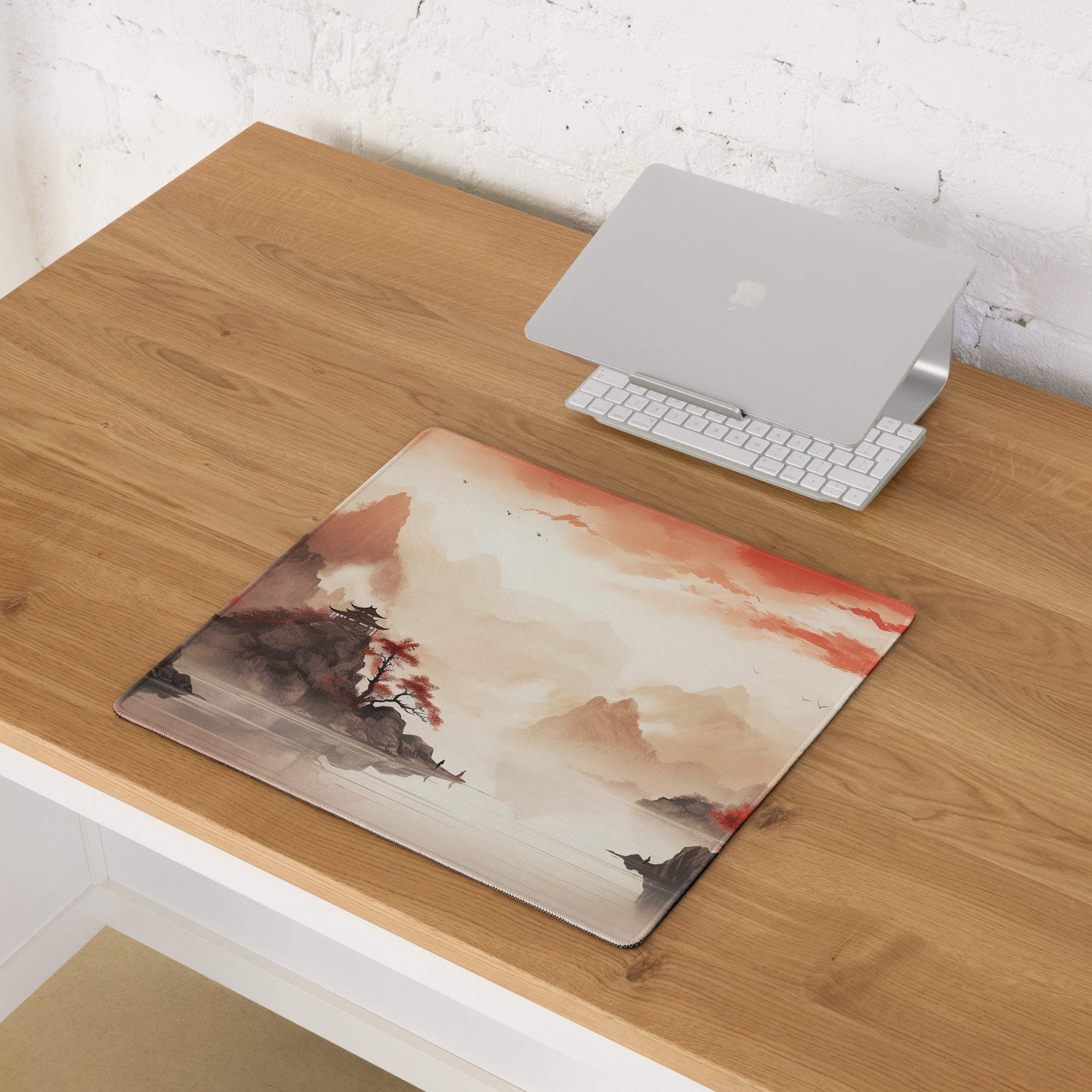 Autumn Mountain Landscape Mouse Pad - Autumn Mountain Landscape Orange Red Gaming Desk Ink Warm Mood Zen Desk Mat Digital
