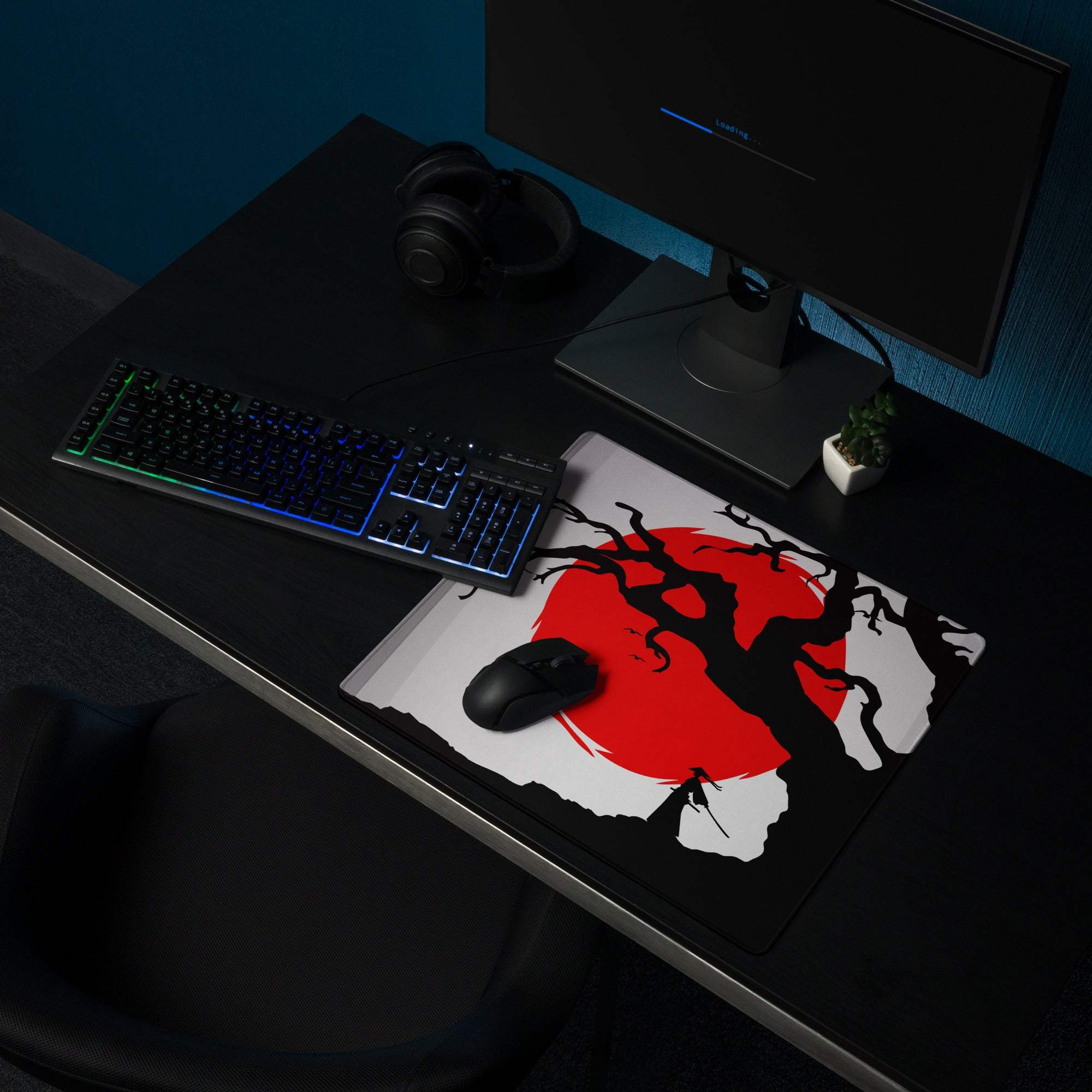 Crimson Moon Tree Gaming Pad - Gaming Mouse Pad Crimson Red Black Silhouette Art - Dramatic Mood Anime Inspired