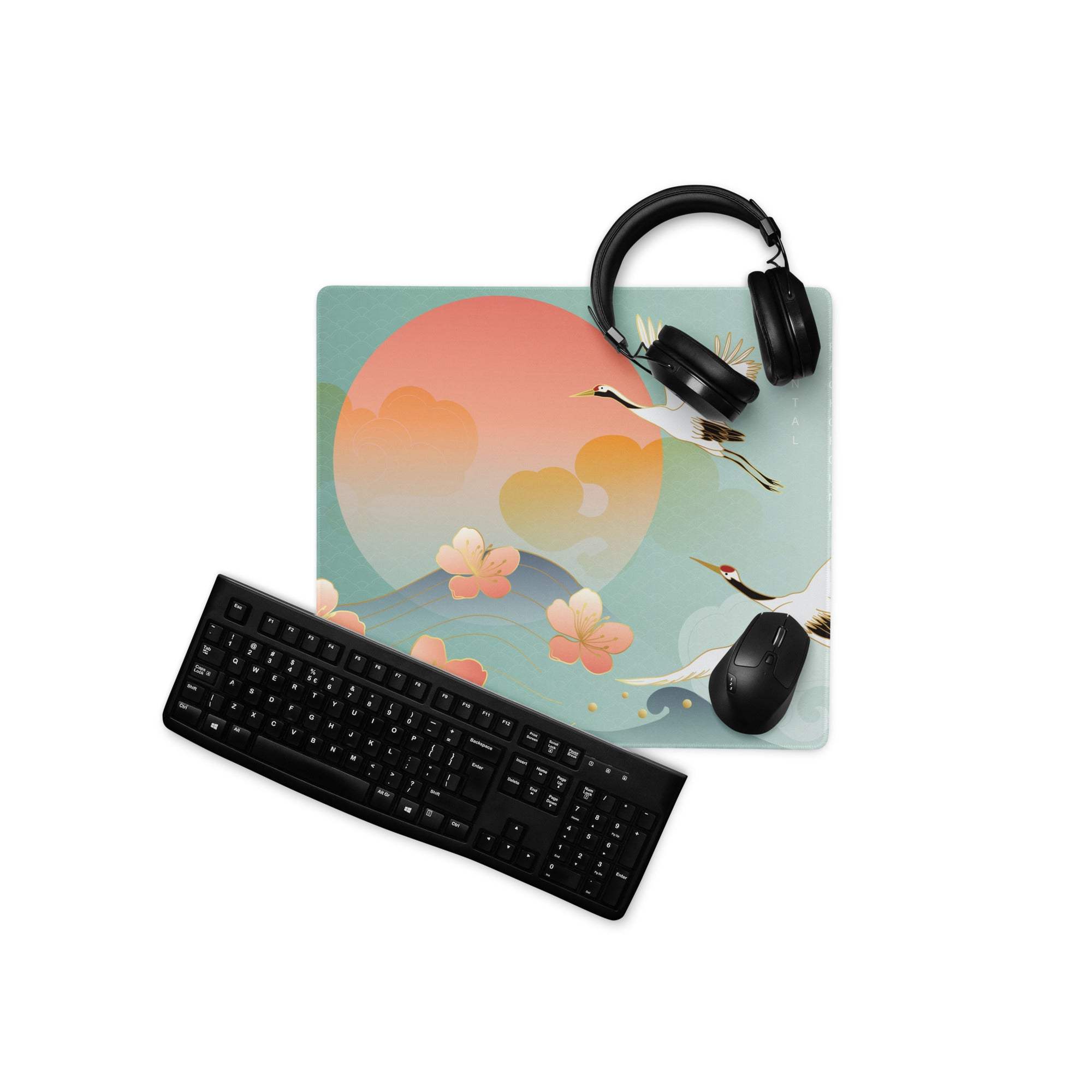 Crane Sunrise Ukiyoe Mouse Pad - Mouse Pad Teal Blue Coral Orange Japanese Ukiyoe Calm Mood Asian Decor Digital Art