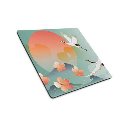 Crane Sunrise Ukiyoe Mouse Pad - Mouse Pad Teal Blue Coral Orange Japanese Ukiyoe Calm Mood Asian Decor Digital Art