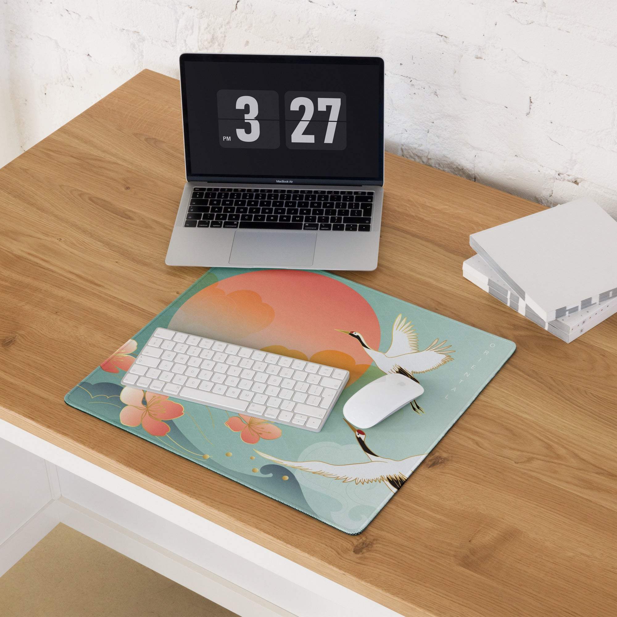 Crane Sunrise Ukiyoe Mouse Pad - Mouse Pad Teal Blue Coral Orange Japanese Ukiyoe Calm Mood Asian Decor Digital Art