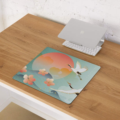 Crane Sunrise Ukiyoe Mouse Pad - Mouse Pad Teal Blue Coral Orange Japanese Ukiyoe Calm Mood Asian Decor Digital Art