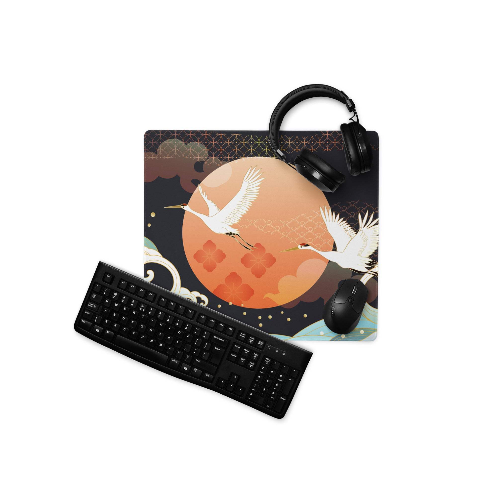 Crane Moon Nightscape Gaming Mouse Pad - Crane Moon Desk Pad Orange Majestic Japanese Inspired Desk Pad Digital Art