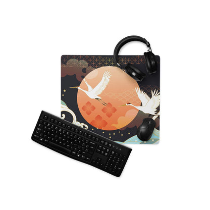 Crane Moon Nightscape Gaming Mouse Pad - Crane Moon Desk Pad Orange Majestic Japanese Inspired Desk Pad Digital Art
