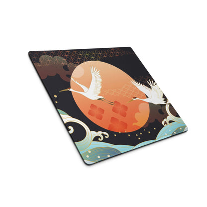 Crane Moon Nightscape Gaming Mouse Pad - Crane Moon Desk Pad Orange Majestic Japanese Inspired Desk Pad Digital Art