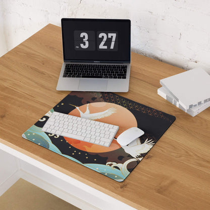 Crane Moon Nightscape Gaming Mouse Pad - Crane Moon Desk Pad Orange Majestic Japanese Inspired Desk Pad Digital Art