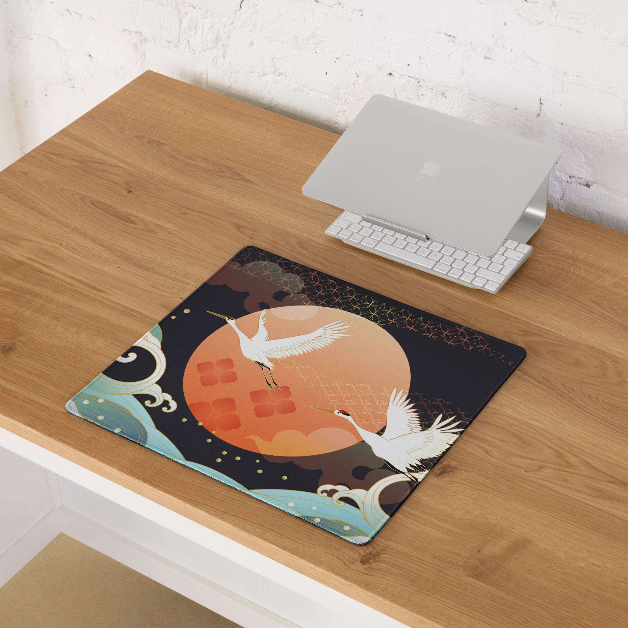 Crane Moon Nightscape Gaming Mouse Pad - Crane Moon Desk Pad Orange Majestic Japanese Inspired Desk Pad Digital Art
