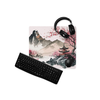 Cherry Blossom Mountain Desk Pad - Mountain Cherry Blossom Pink Desk Pad Zen Calm Vibe Minimalist Asian Decor Gaming Pad