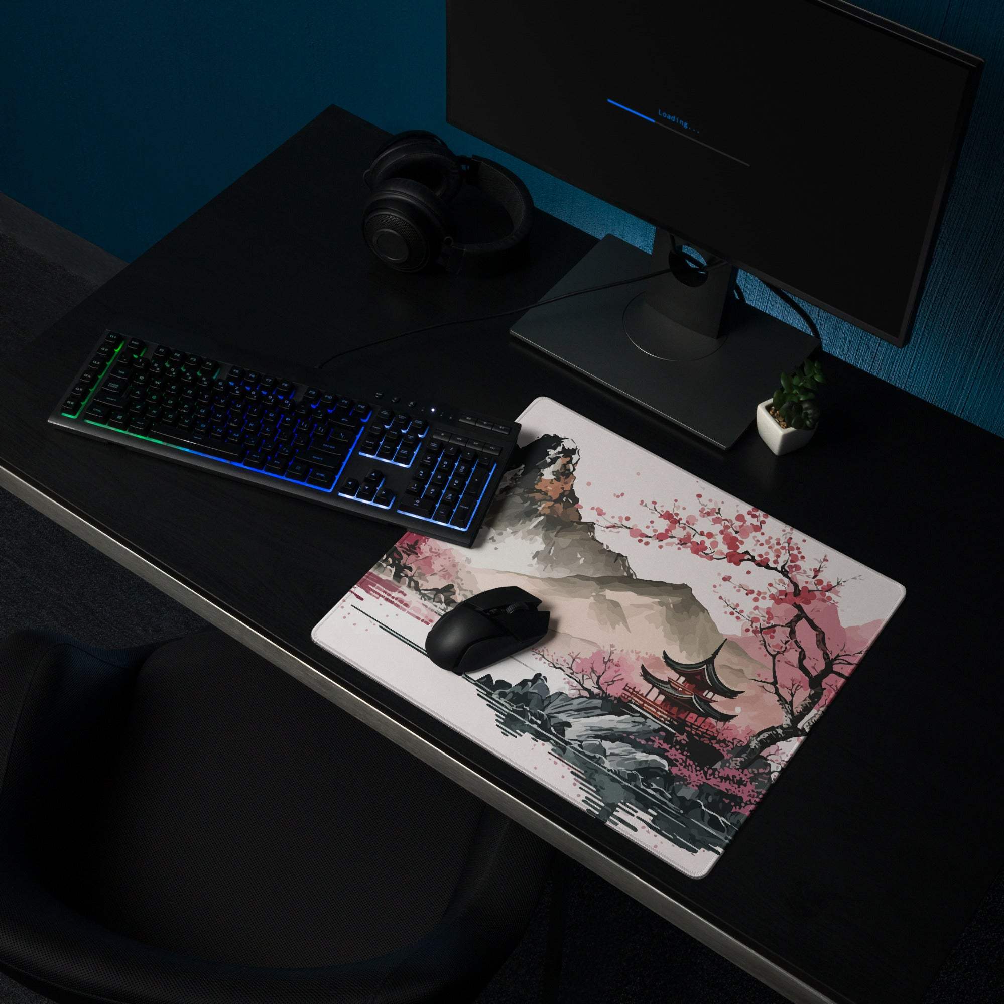 Cherry Blossom Mountain Desk Pad - Mountain Cherry Blossom Pink Desk Pad Zen Calm Vibe Minimalist Asian Decor Gaming Pad
