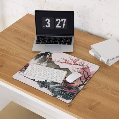 Cherry Blossom Mountain Desk Pad - Mountain Cherry Blossom Pink Desk Pad Zen Calm Vibe Minimalist Asian Decor Gaming Pad