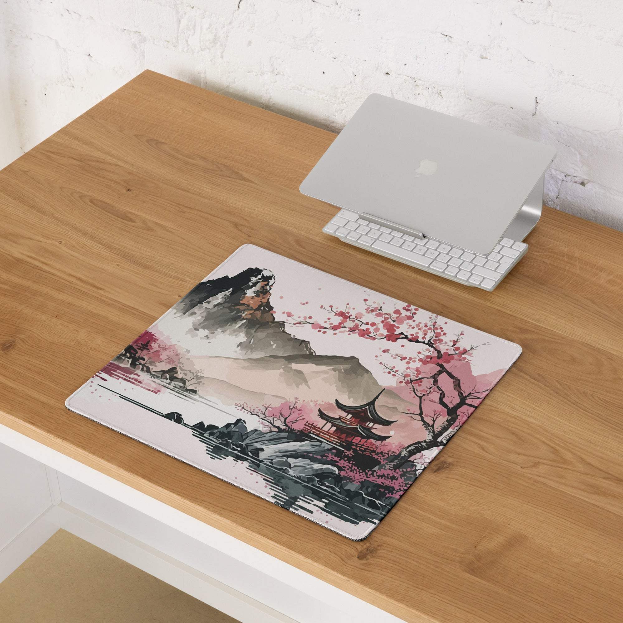 Cherry Blossom Mountain Desk Pad - Mountain Cherry Blossom Pink Desk Pad Zen Calm Vibe Minimalist Asian Decor Gaming Pad