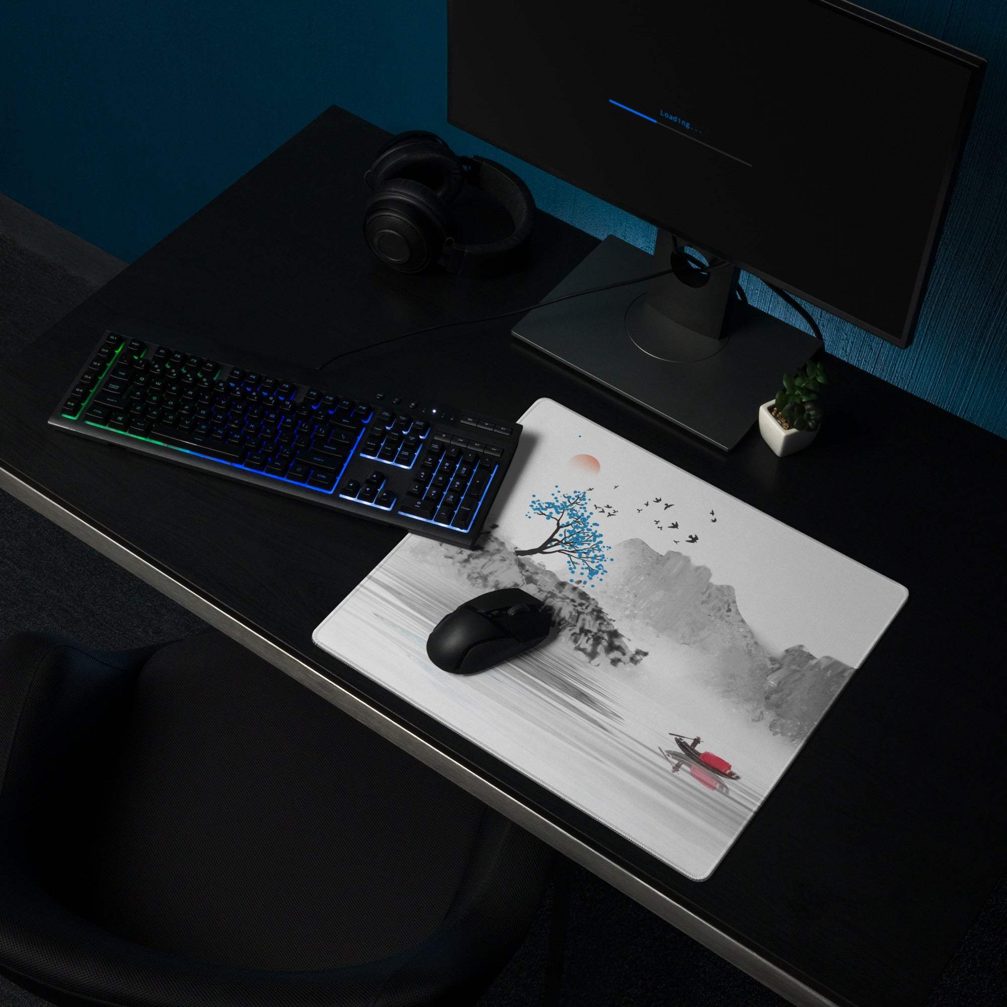 Serene Landscape Watercolor Mouse Pad - Landscape Mouse Pad Gray Blue Desk Watercolor Calm Zen Minimalist Desk Accessory