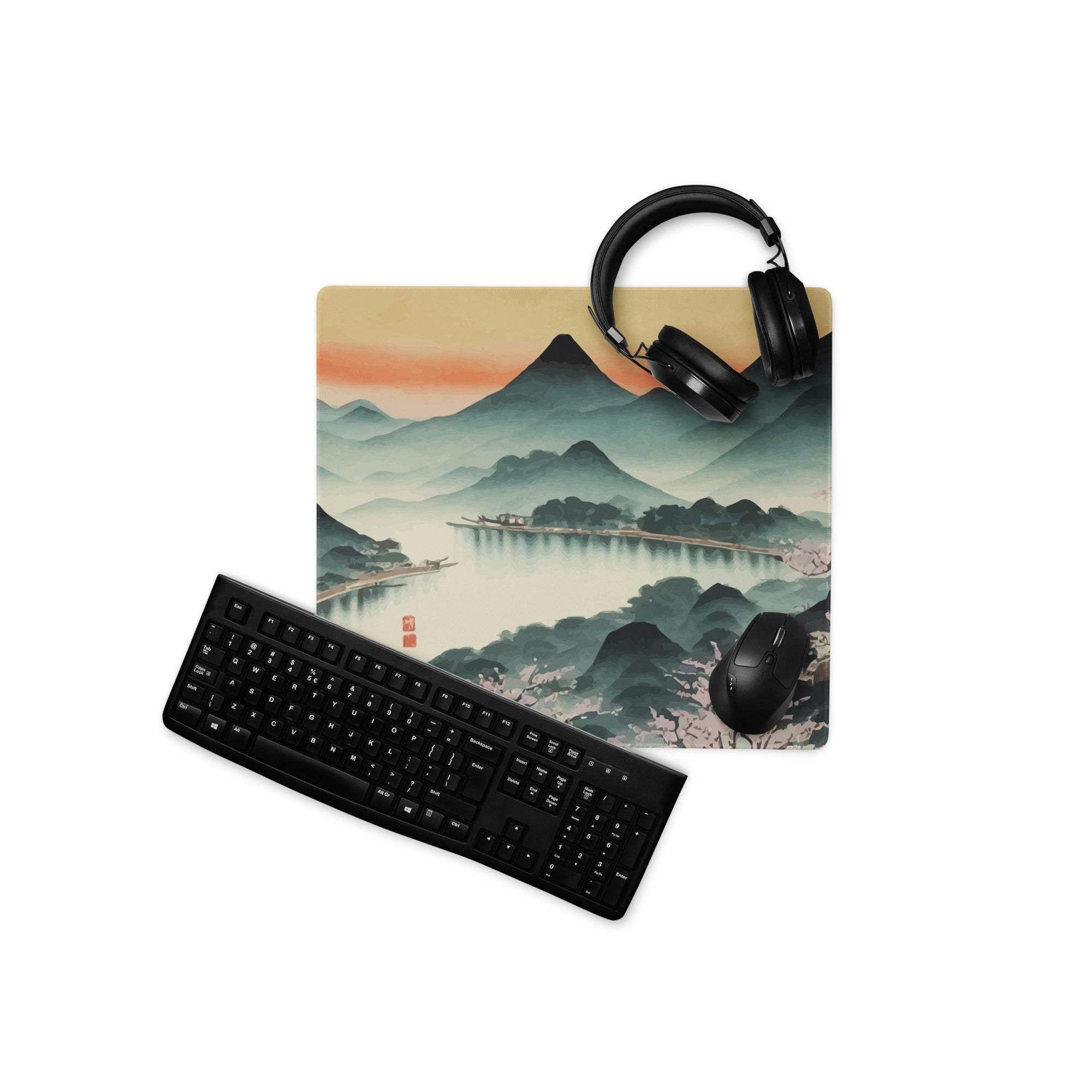 Serene Mountain Landscape Mouse Pad - Mountain Landscape Cherry Blossoms Teal Pink Desk Painterly Mood Watercolor