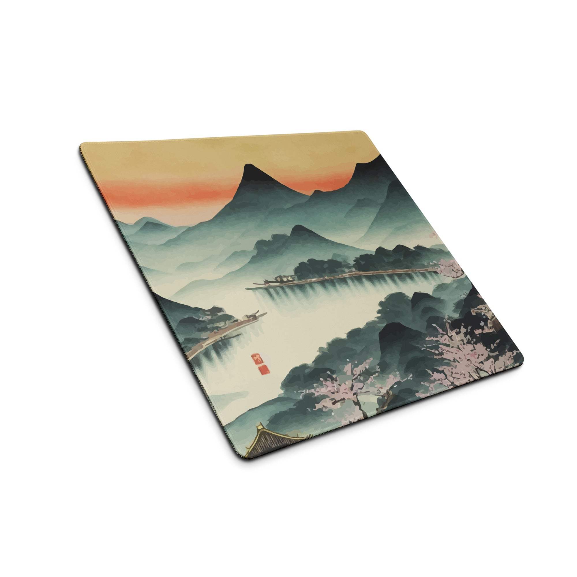Serene Mountain Landscape Mouse Pad - Mountain Landscape Cherry Blossoms Teal Pink Desk Painterly Mood Watercolor