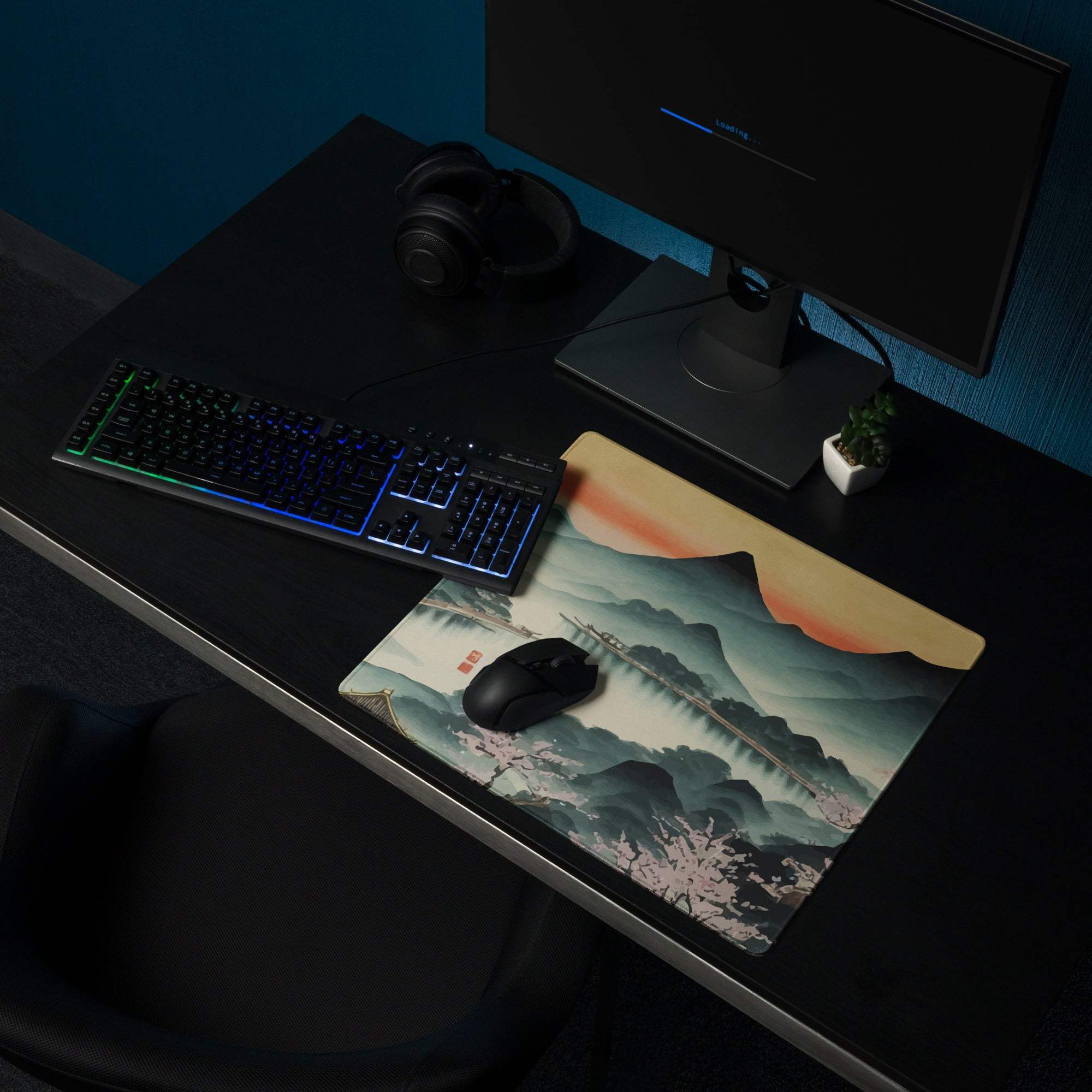 Serene Mountain Landscape Mouse Pad - Mountain Landscape Cherry Blossoms Teal Pink Desk Painterly Mood Watercolor