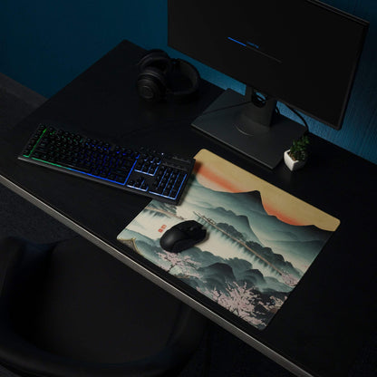 Serene Mountain Landscape Mouse Pad - Mountain Landscape Cherry Blossoms Teal Pink Desk Painterly Mood Watercolor