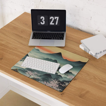 Serene Mountain Landscape Mouse Pad - Mountain Landscape Cherry Blossoms Teal Pink Desk Painterly Mood Watercolor