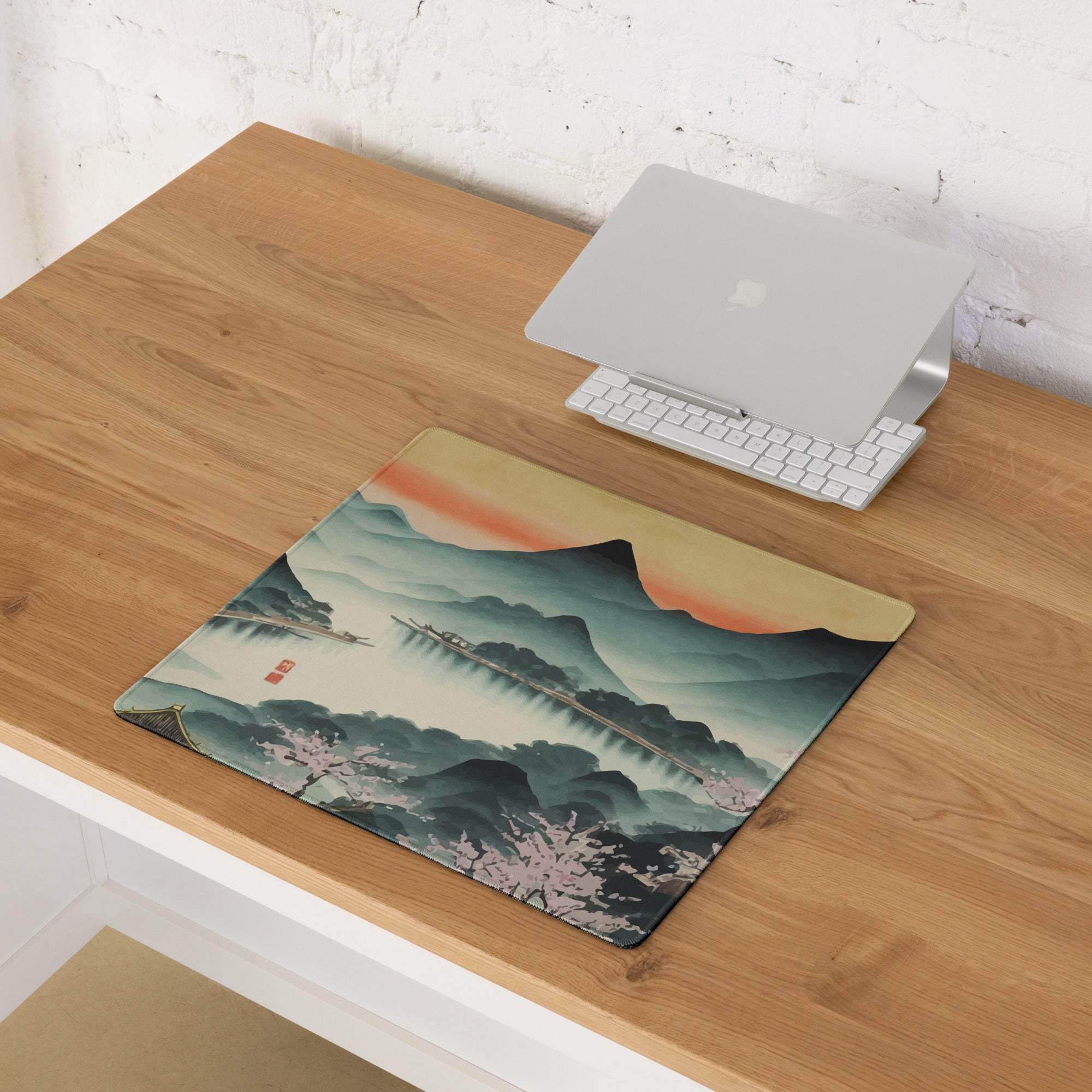 Serene Mountain Landscape Mouse Pad - Mountain Landscape Cherry Blossoms Teal Pink Desk Painterly Mood Watercolor