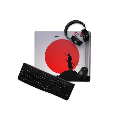 Red Sun Samurai Desk Pad - Samurai Silhouette Red Black Gray Gaming Pad Dramatic Zen Minimalist Papercut