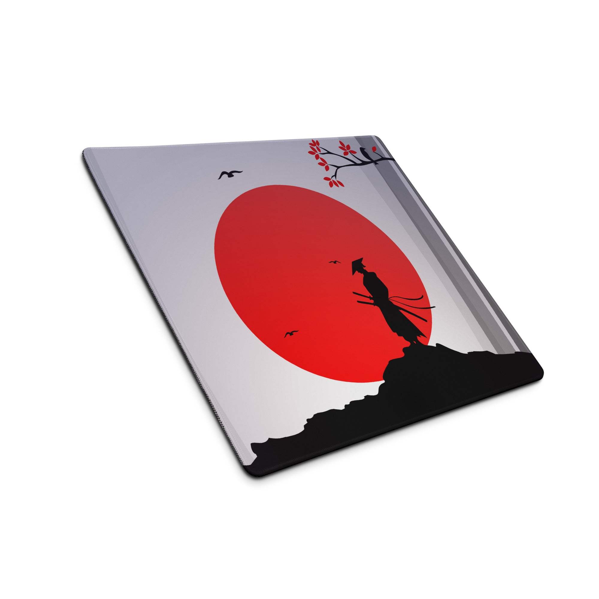 Red Sun Samurai Desk Pad - Samurai Silhouette Red Black Gray Gaming Pad Dramatic Zen Minimalist Papercut
